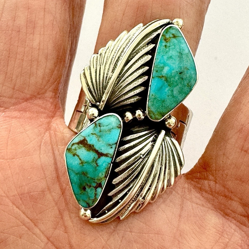 Leaf Navajo Ring Sz 9 Greg Yazzie Turquoise Sterling Native American‎ 2 Stone